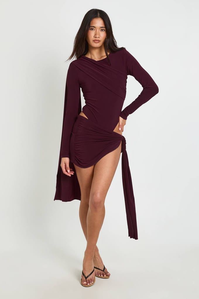 boohoo Dames Dubbellaags Slinky Bodysuit Met Gedrapeerd Voorpand | Plum | Maat: 8