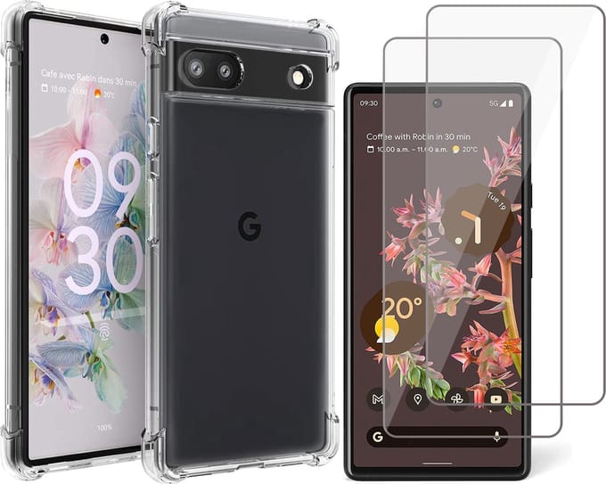 Hoesje geschikt voor Google Pixel 6 - 2x Screen Protector GlassGuard - Back Cover Case ShockGuard Transparant & Screenprotector