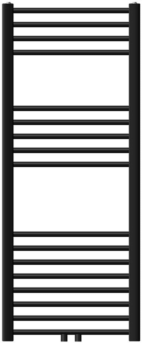 LuxeBath badkamer radiator Sahara 500x1200 mm zwart mat gebogen middenaansluiting + aansluitset met thermostaat recht door vloer chroom, radiator handdoekwarmer handdoekdroger handdoekverwarmer