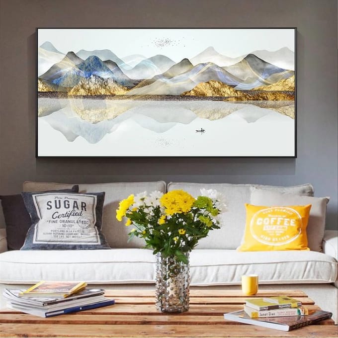 Allernieuwste Canvas Schilderij Bergen en Water - Kunst - Abstract Modern - Poster - 40 x 80 cm - Kleur