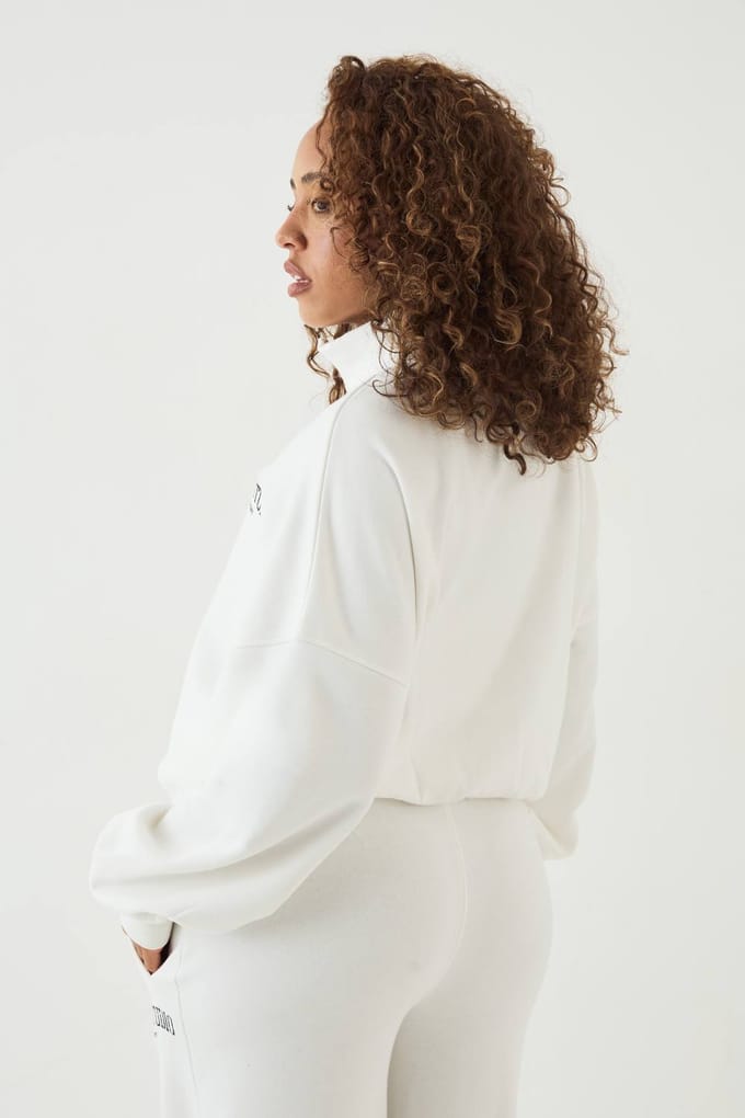 Dames Dsgn Studio Collegiate Bedrukte Bomber Sweatshirt Met Rits En Col | Creme | Maat: 3XL