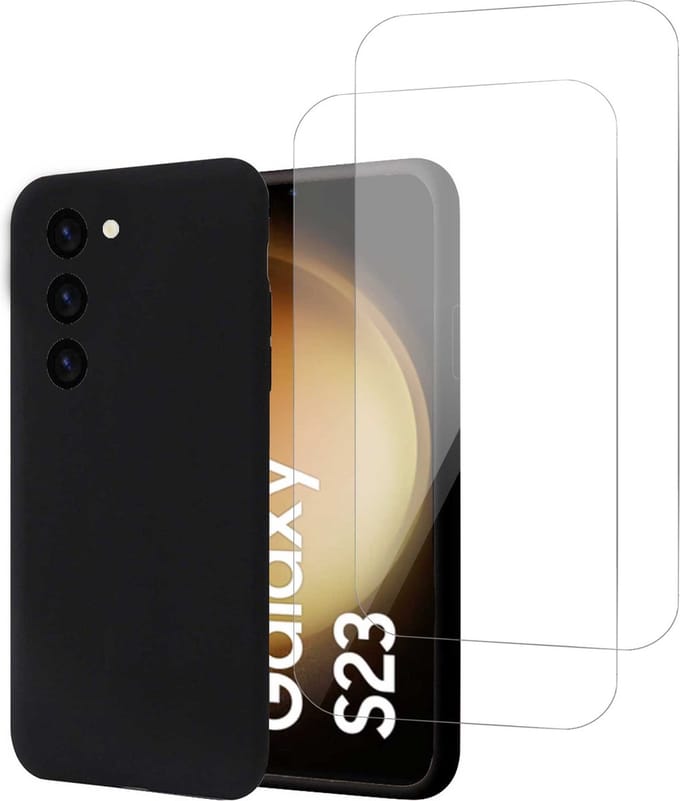 Hoesje geschikt voor Samsung S23 Plus + 2x Screenprotector – Tempered Glass - Liquid Back Case Cover Zwart
