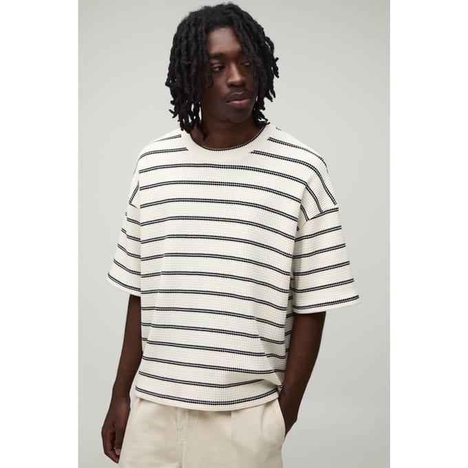 Oversized Boxy Gestreept Wafel T-shirt | Ecru | Size Medium