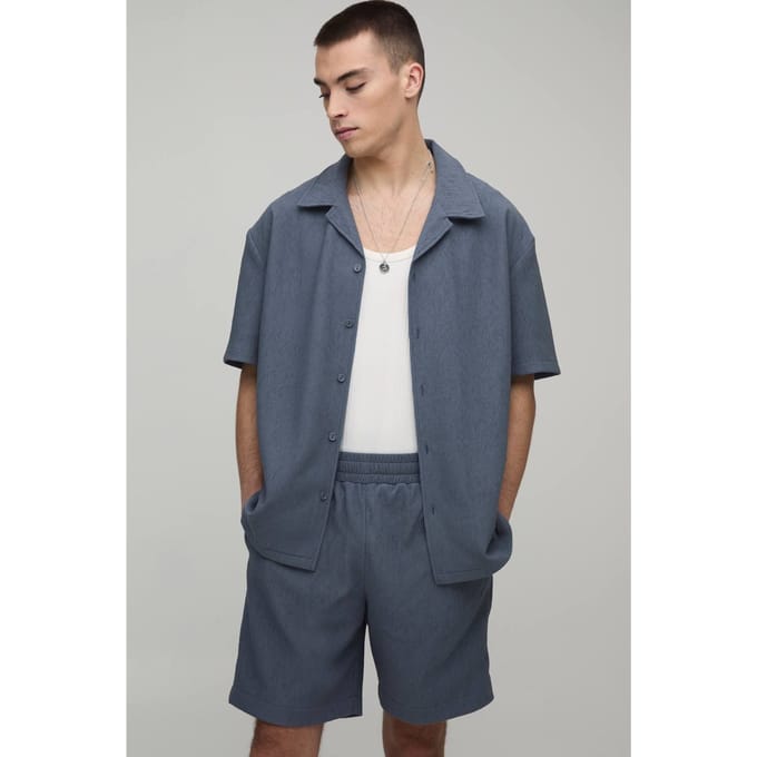 Oversized Shirt En Ontspannen Plissé Set Met Middellange Short | Slate | Size Medium