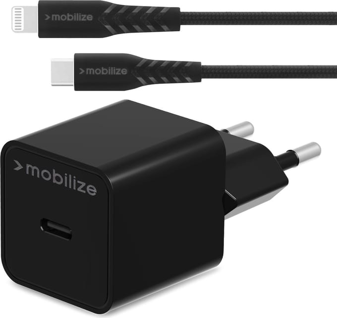 Mobilize Single USB-C Oplader Apple Lightning 1 Meter Power Delivery 20W - Zwart