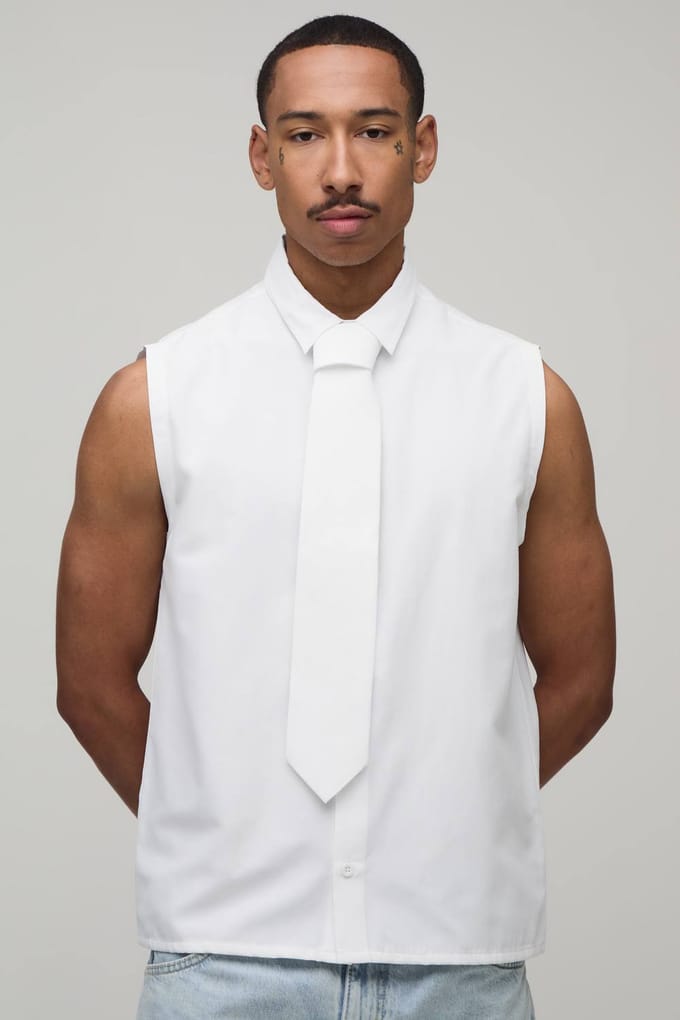 Regular Fit Mouwloos Overhemd Met Stropdas | White | Size Medium