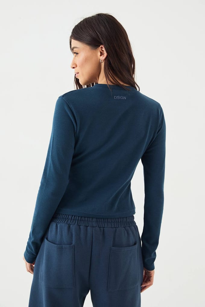 Dames DSGN Studio Doorknoop Ronde Hals Lange Mouw Top | Indigo | Maat: Medium