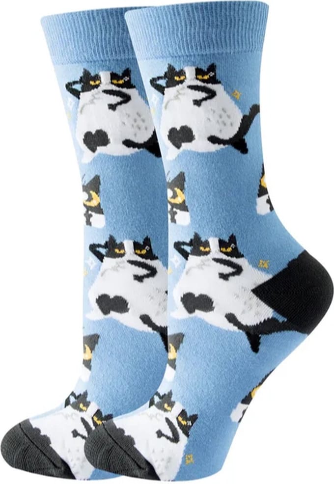 Sokken Dames - blauw - wit - leuke print witte kat - Maat 36 - 40 - cadeau voor haar -geschenk vrouwen - gift