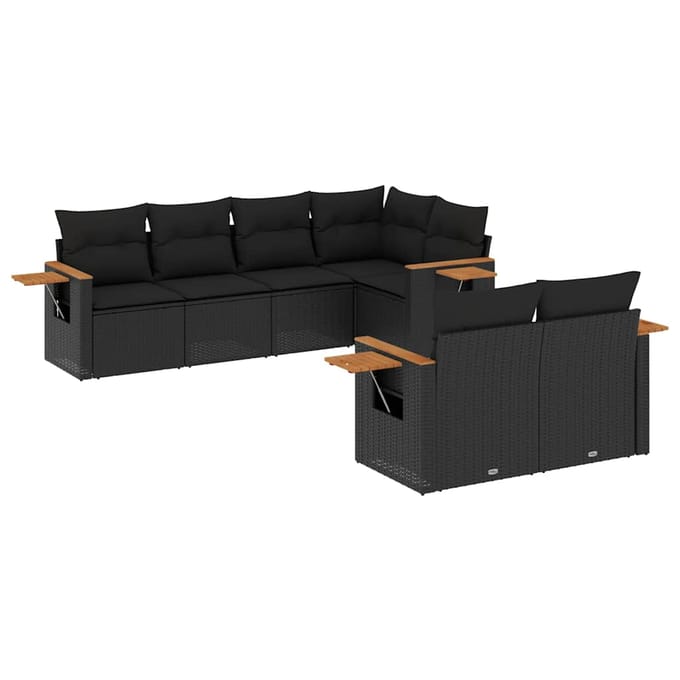 vidaXL - 7-delige - Loungeset - met - kussens - poly - rattan - zwart