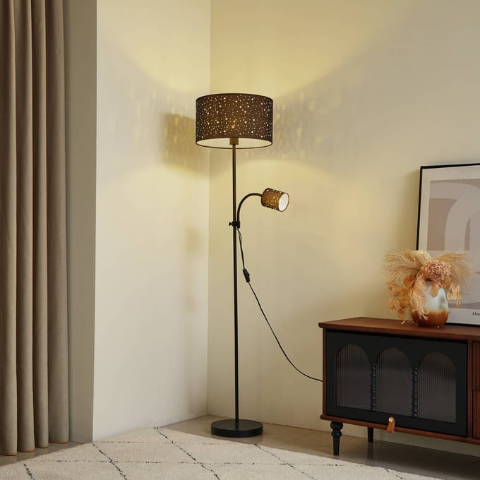 Lindby - vloerlamp - 2lichts - IJzer, textiel - H: 160 cm - E27 - zwart
