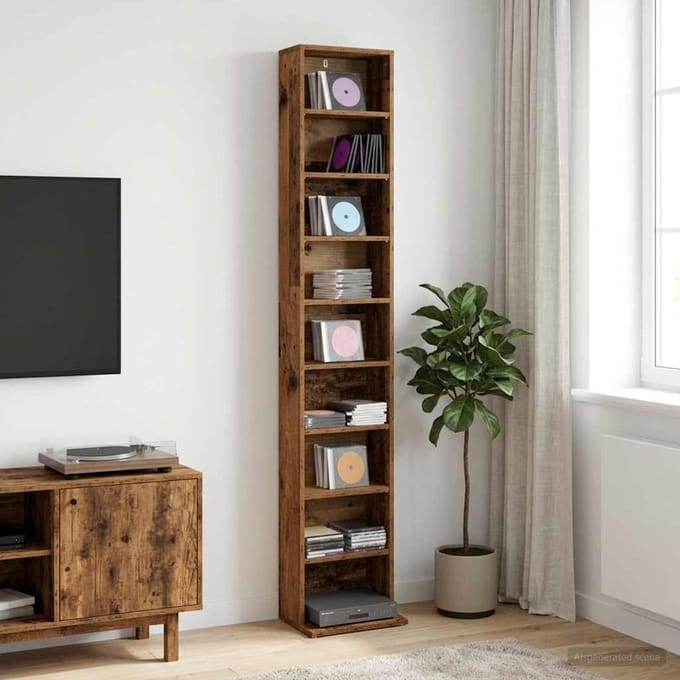 vidaXL - CD - Kast - Oud - hout - 33 - x - 23,5 - x - 175 - cm - Bewerkt - hout