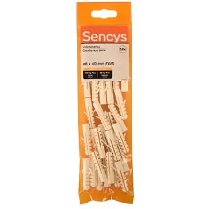 Sencys Plug Voor Volle Wand Nylon - Diam. 8x40mm - 30 Stuks