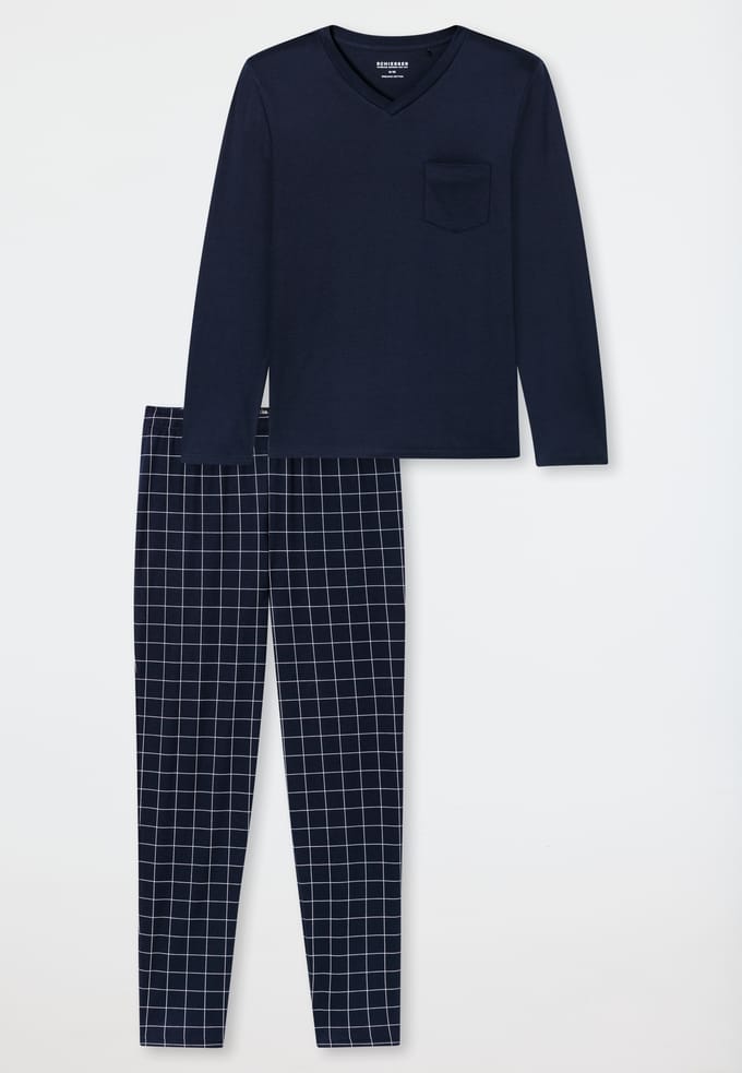Lange pyjama van interlock, nachtblauw geruit - Fine Interlock 52