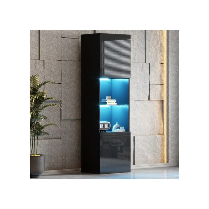 Vitrine - MUVOE - Noir Brillant - 1 étagère en verre - Éclairage LED - 160 cm zwart