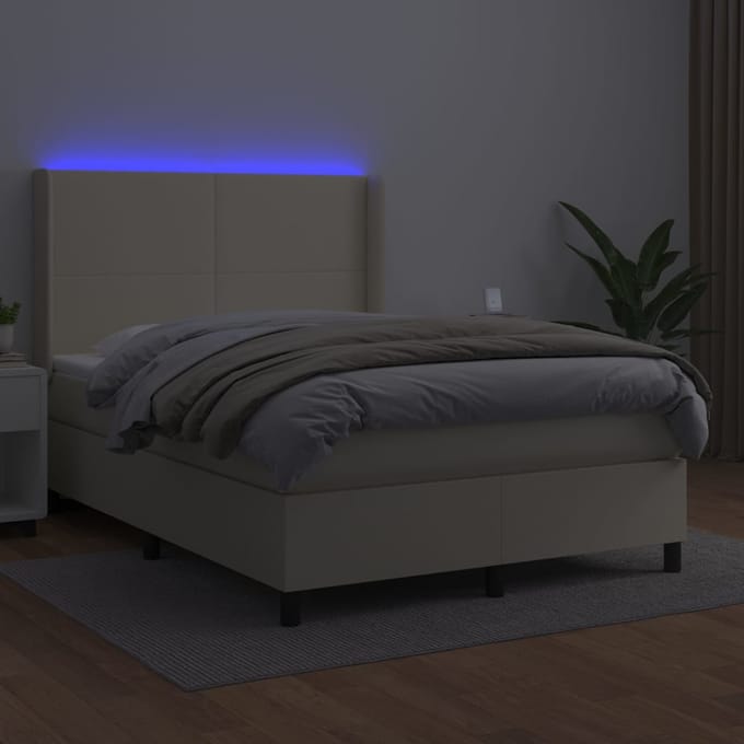 vidaXL - Boxspring - met - matras - en - LED - kunstleer - crèmekleurig - 140x190 - cm