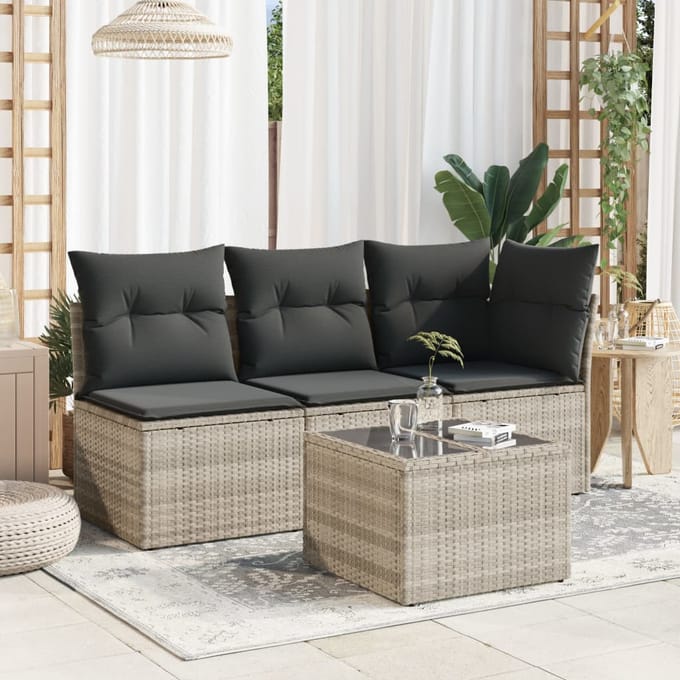 vidaXL - Tuintafel - met - glazen - blad - 55x55x37 - cm - poly - rattan - lichtgrijs
