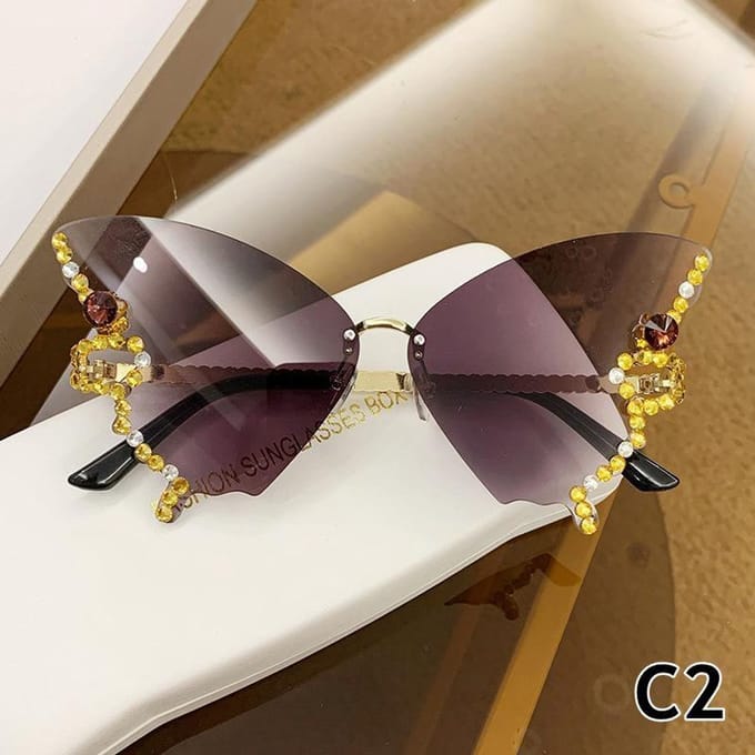 Lunettes de soleil papillon en diamant pour femmes, Vintage, sans bords, surdimensionnées, œil de chat, dégradé, lunettes pour dames noir