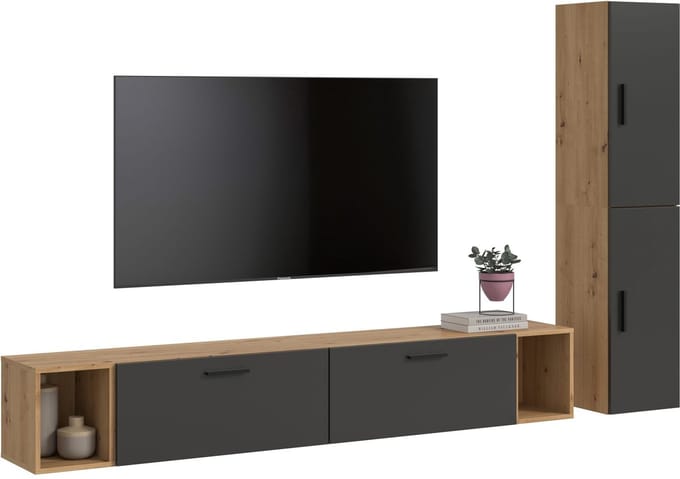 Woonwand in Artisan Eik en Basalt - Modulaire Woonkast - 259 cm Breed