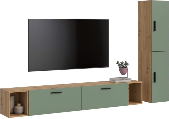 Woonwand in Artisan Eik en Rookgroen - Modulaire Woonkast - 259 cm Breed