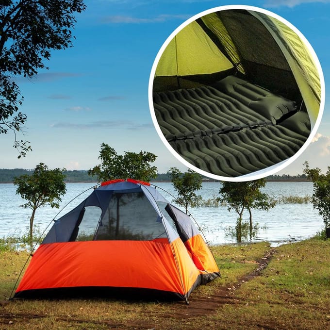 Opblaasbare Luchtmatras Camping Slaapmat - Vochtbestendig Waterdicht Antislip - HERBRUIKBAAR - Legergroen met Kussen