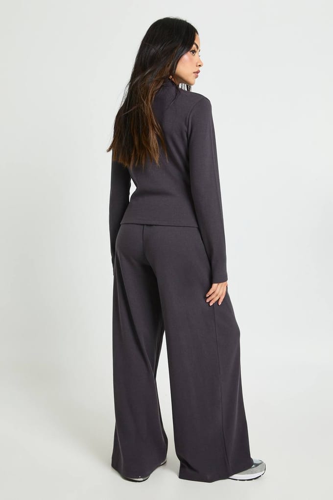 boohoo Dames Geribd lange mouwen hoge hals trainingspak | Houtskool | Maat: Medium