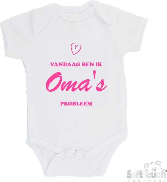 100% katoenen Romper "Vandaag ben ik oma's probleem" Meisjes Katoen Wit/roze Maat 56/62
