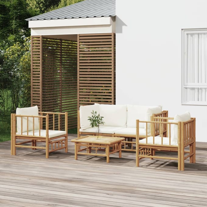 vidaXL - 5-delige - Loungeset - met - kussens - bamboe - crèmewit