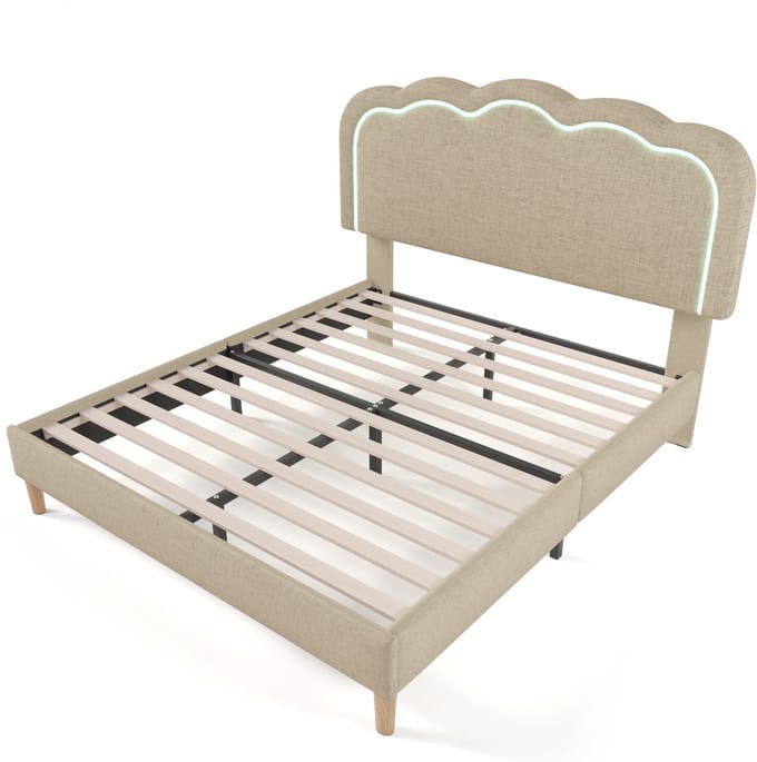 Gestoffeerd Bed LED tweepersoonsbed 140 x 200 cm, Bedframe met Lattenbodem en Verstelbaar Hoofdeinde, Beige, Bedframe, Fluweel