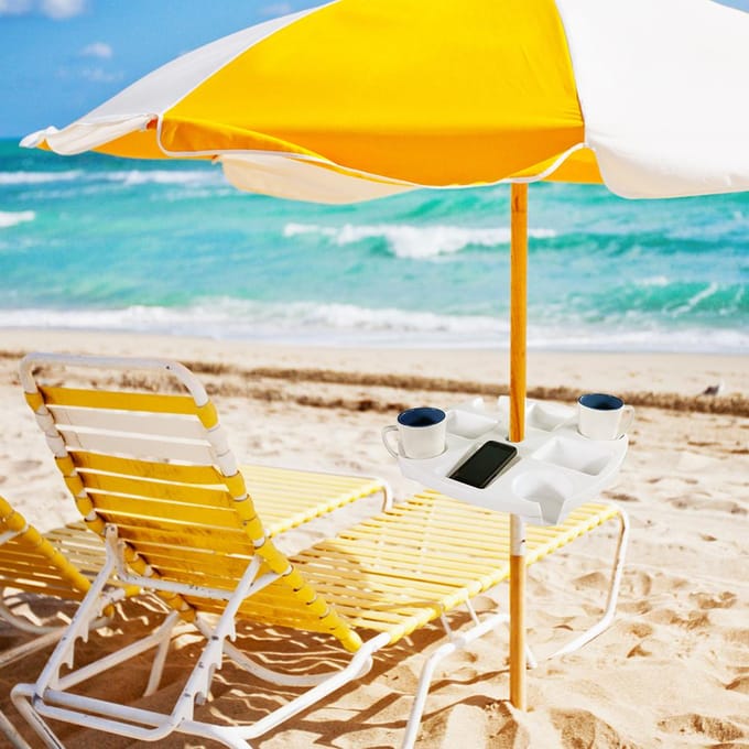 Table de Parasol de Plage Extérieur avec 4 Porte-Gobelets et 4 Compartiments à Snacks Plateau en Plastique pour Jardin blanc