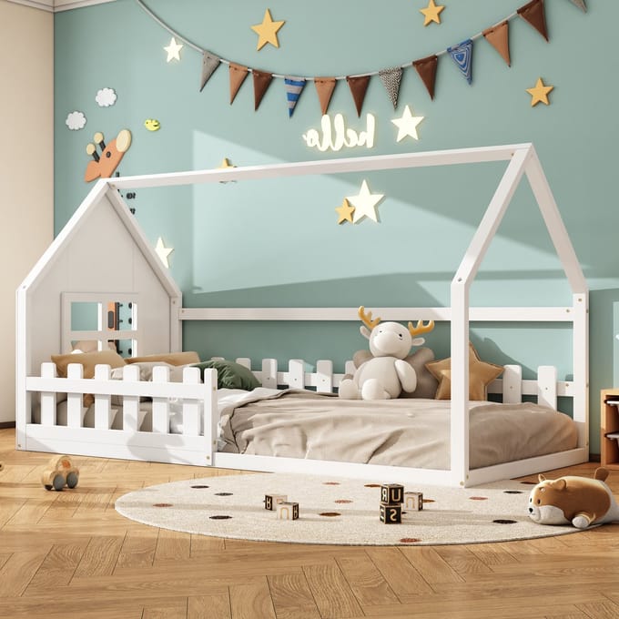 Sweiko Eenpersoonsbed 90*200 cm, Kinderbed, Huisvormig, met Hek, Wit