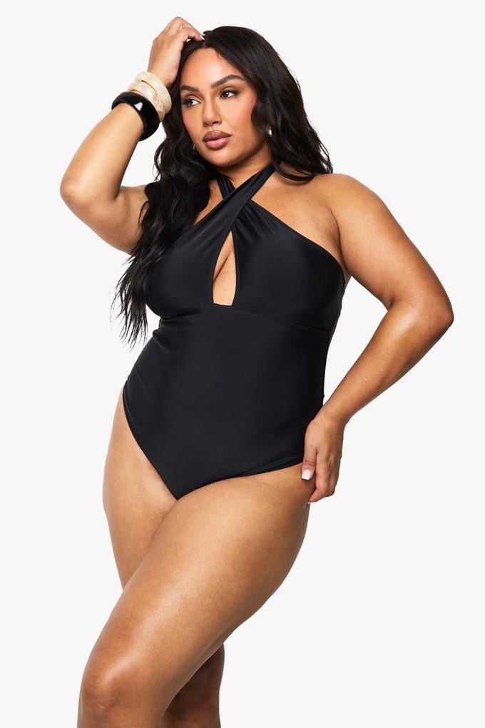 boohoo Dames Plus Buikcontrole Cross Over Badpak | Zwart | Maat: 56