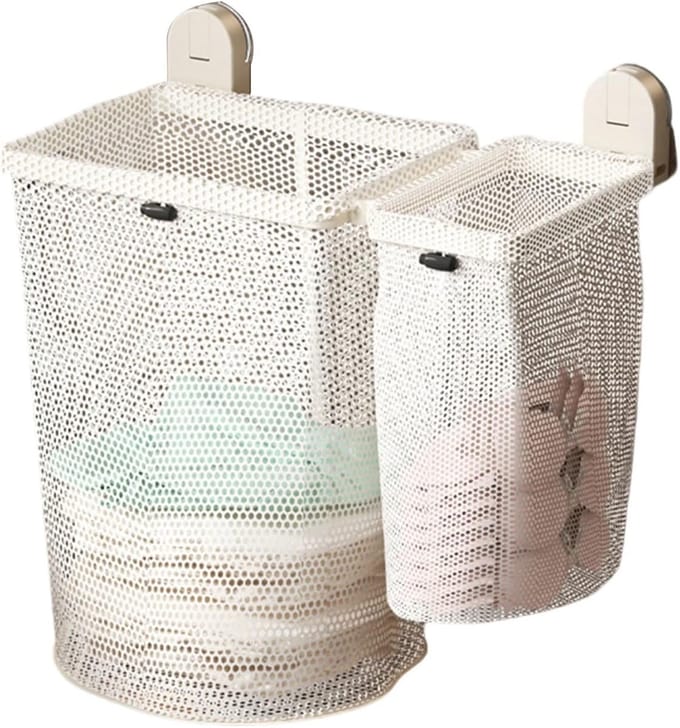 KZQ Wall-Mounted Laundry Basket With Suction Cups Foldable Carbon Steel Frame & Mesh Storage For Bathroom/Bedroom Organization Space Efficient Bathroom Clothes Bin