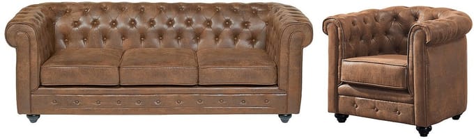 Vente-unique Driezitsbank en fauteuil CHESTERFIELD van microvezel met vintage look