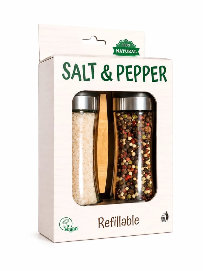 Peper- en Zout Stel | Keltisch Zeezout 150g+Pepermix 80g | Hervulbare Glazen Molens