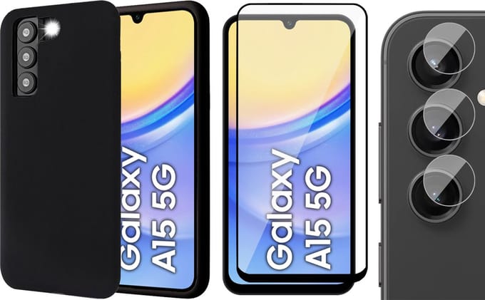 Hoesje geschikt voor Samsung Galaxy A15 - Screenprotector Volledig Dekkend Glas & Camera - Mat Back Case Zwart