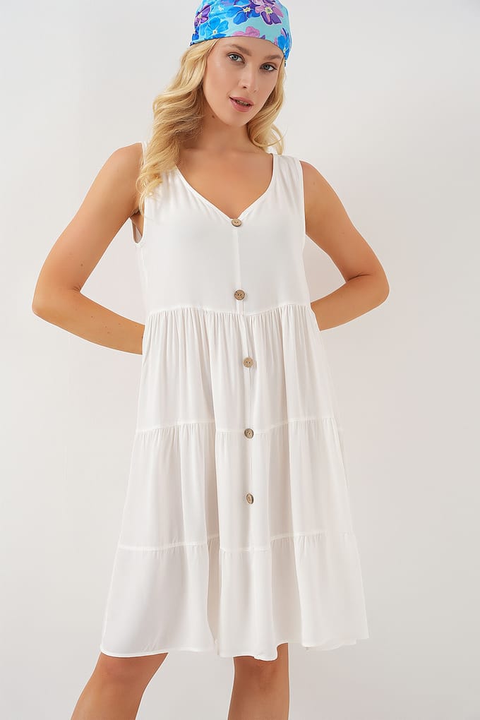 V-hals Mouwloze Mini Jurk met Knopdetails