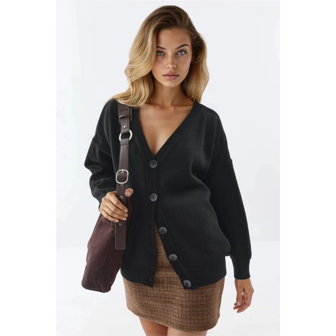 Oversized Geribbelde V-hals Knopen Cardigan