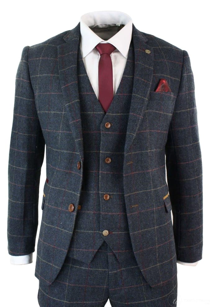 Heren 3-delig marineblauw visgraat geruit vintage pak