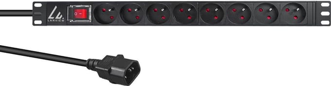 19" rackmount stekkerdoos, 1U, 2m, 10A met 8 x Franse Type E Schuko stopcontacten, C14 stekker