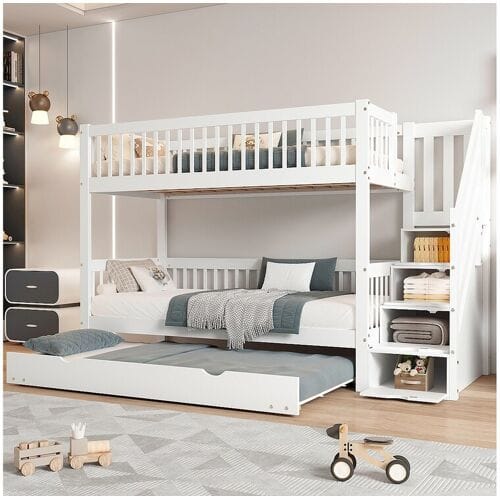 Merax Stapelbedden - 2 x 90 x 200 cm - met uitschuifbed 90 x 190 cm - opbergtrap - MDF - wit