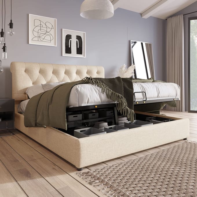 REDOM Bedframe 160x200 cm – Linnen naturel – Met hydraulische opbergruimte & verstelbaar hoofdeinde