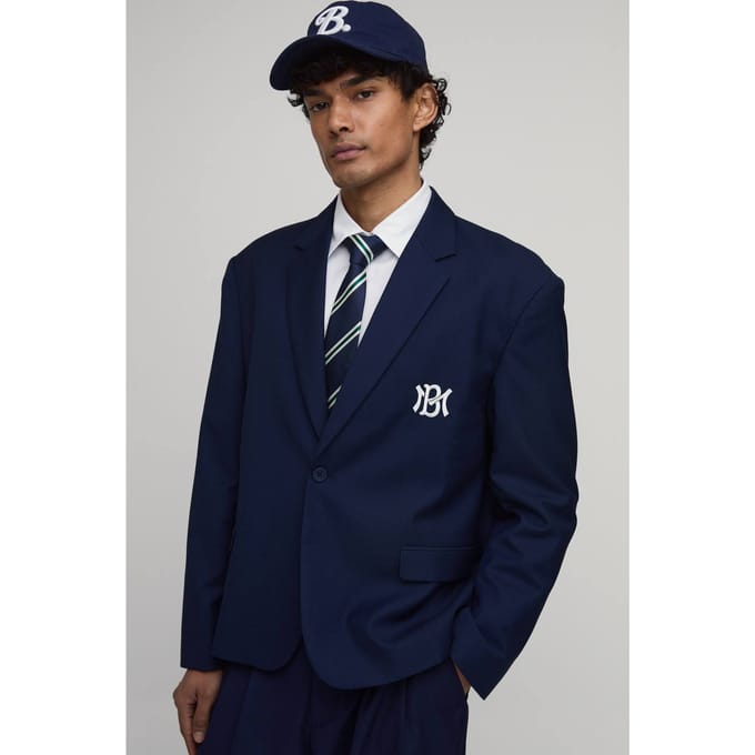 Embroidered Oversized Blazer | Navy | Size 44