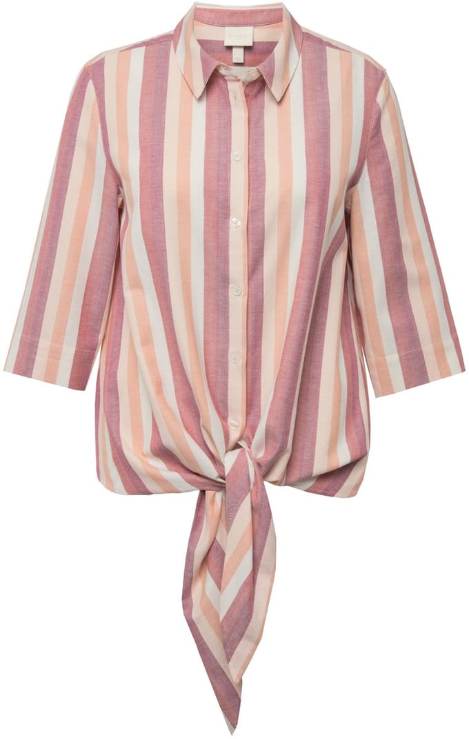 Ulla Popken - Dames - Blouse strepen zoomknopen overhemdkraag 3/4-mouwen - Roodbruin - Maat 46+