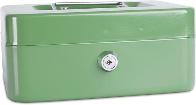 Middensize metalen geldcassette met muntinzet en sleutelslot, Groen