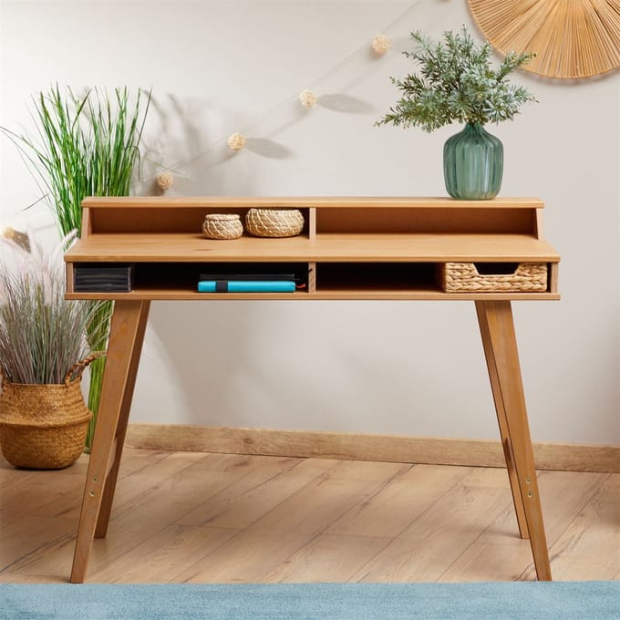 Bureau LUNA met 2 open vakken, van massief hout in eikenkleuren
