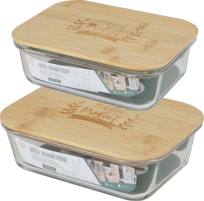 Voedsel bewaarbakje/vershoudbakje - 2x -bamboe deksel - 1500 en 1000 ml - ovenbestendig
