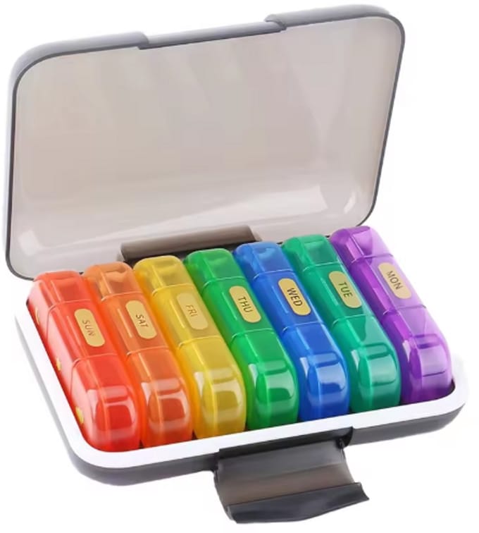Scoby - Pillendoos - Medicijndoos - 4 vakjes per dag - Pill Organizer - 7 dagen - Multicolor