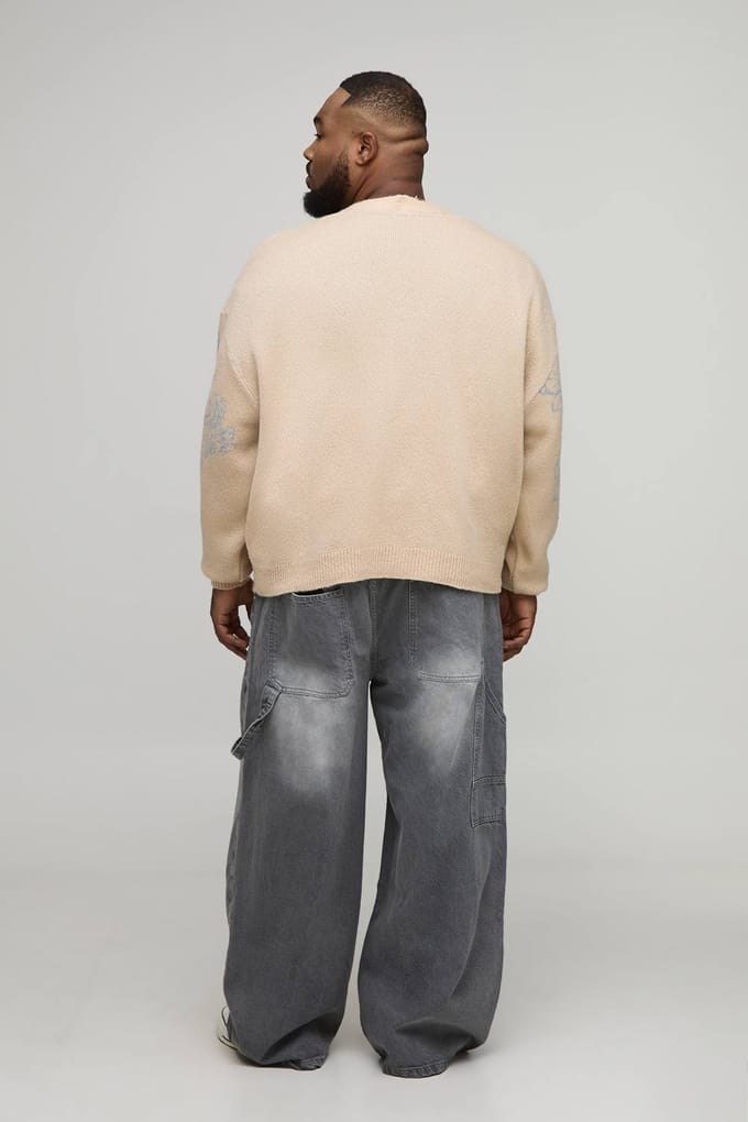 Plus Boxy Oversized Pluizige Bloemige Jacquard Gebreide Cardigan | Stone | Size 2XL