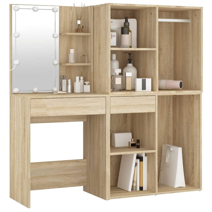 vidaXL - Kaptafel - met - 2kastjes - en - LED's - bewerkt - hout - sonoma - eikenkleurig