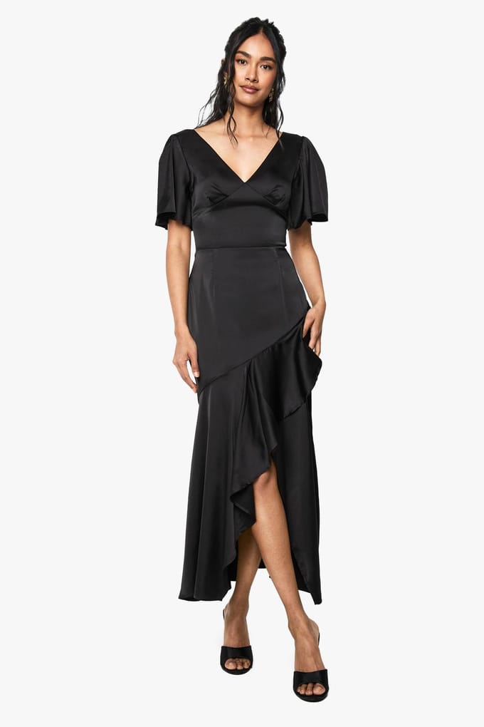 boohoo Dames Satijn Angel Sleeve Midaxi Jurk | Black | Maat: 10